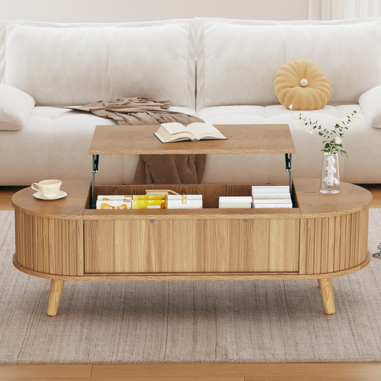 Lift Up Oval Coffee Table With Hidden Storage, Centre Table, Lifting Sofa Side Table, Space-saving End Table For Living Room Bedroom, Reception, Tea Table, 120 X 50 X 39.5cm, Natural Wood – view 5