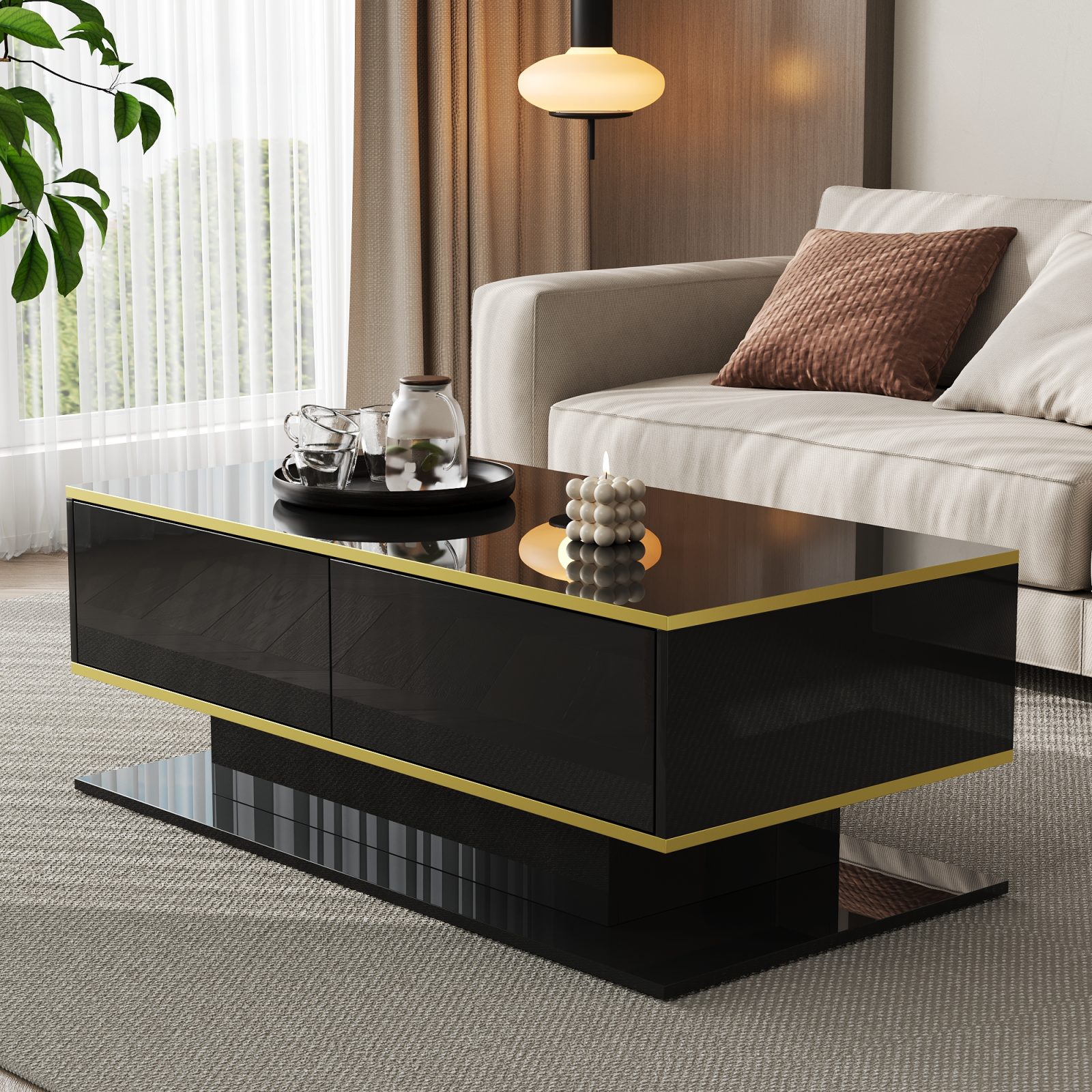 Modern LED Coffee Table With High-Gloss Finish, 100 Cm Length, Gold Accents, 3 Drawers & USB LED Light Strip Adapter-Power Bank Required – view 2