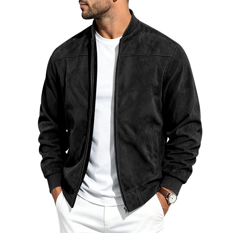 Suede Long Sleeve Zip Up Jacket Men's Casual Outerwear With Full Zip Closure – Black