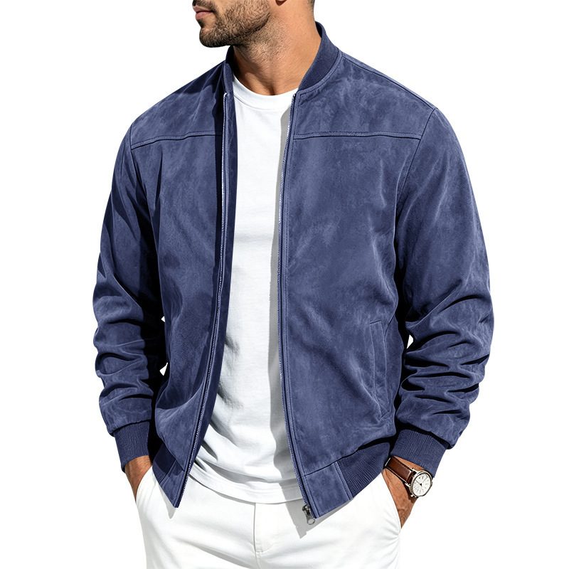Suede Long Sleeve Zip Up Jacket Men's Casual Outerwear With Full Zip Closure – Navy Blue