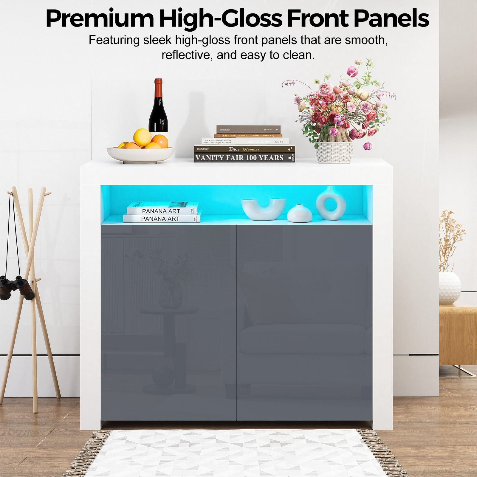 High Gloss Sideboard Cabinet 2 Doors Cupboard Storage Sideboard With LED Lights Matt Body Display Cabinet Shelves Unit For Living Room Dining Room,12 Colors LED Light-White Sideboard Gray Door – view 11