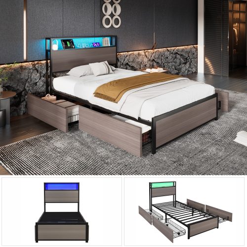 Metal Bed, 3FT Single Bed 90x190cm, With LED Light Strip And 4 Drawerss, 2 USB Port 1 Type C, Durable And Sturdy, Youth Bed, For Adults Teenagers, Multifunctional Bed, Wrought Iron Bed, Grey – view 10
