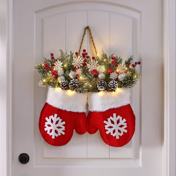 Christmas Garland Creative Glove Shaped Simulated Flower Wreath Window Door Gate Decoration Door Sign Xmas Party Decoration – Not Luminous Style