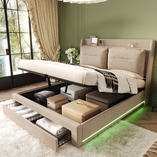 Upholstered Bed, 150x200 5ft King Size Bed, Hydraulic Bed, 2-in-1 Storage Drawers At The End Of The Bed, Recessed LED Light Strips On Both Sides Of The Bed, Slatted Frame, Velvet,Dark Gray – view 4