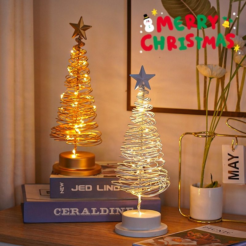 LED Christmas Tree Spiral Light Table Ornament Wrought Iron Xmas Tree Bedroom Desk Lamp Christmas Atmosphere Night Light Decor – Set