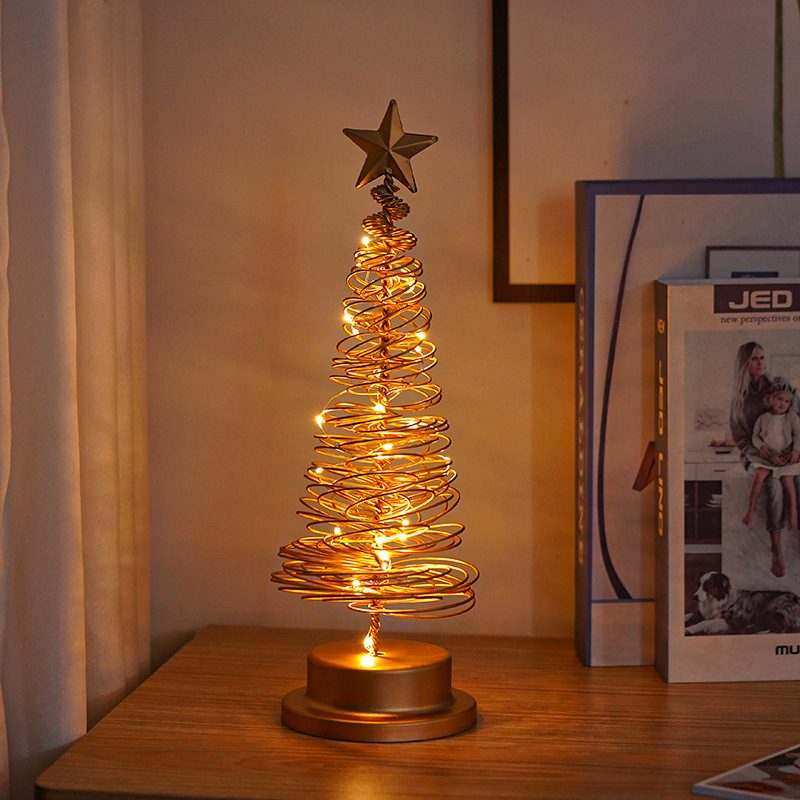 LED Christmas Tree Spiral Light Table Ornament Wrought Iron Xmas Tree Bedroom Desk Lamp Christmas Atmosphere Night Light Decor – Christmas Tree Golden