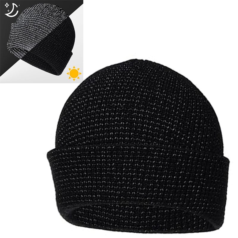 Winter Windproof Hat Knitted Reflective Beanie Hat Thick Warm Cap – Black