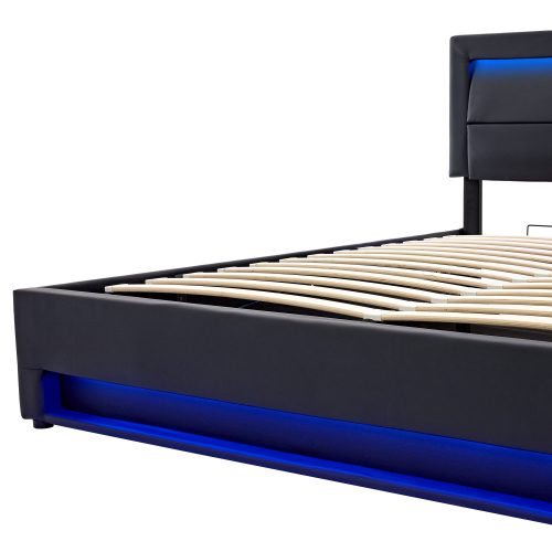 Upholstered Bed 135 X 190 Cm,Double Bed-4ft6,with USB Port Supports Wireless And Wired Charging, With LED Lighting And Storage Space, Without Mattress, PU-Lychee Design, Black – view 12
