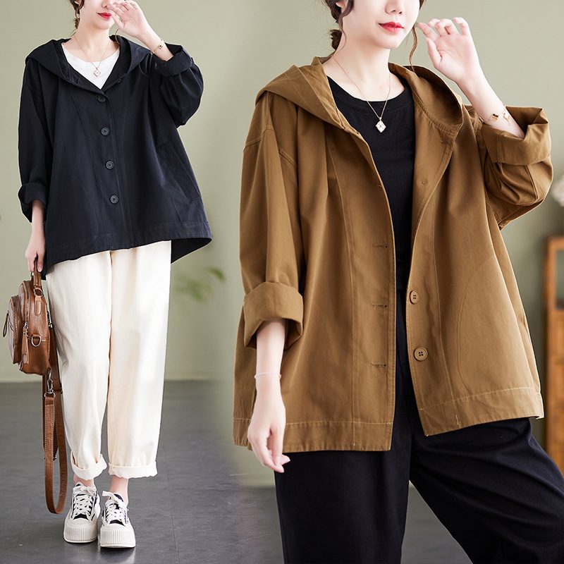 Hooded Loose Coat Women Retro Khaki Casual Cotton Artistic Stitching Women – view 5