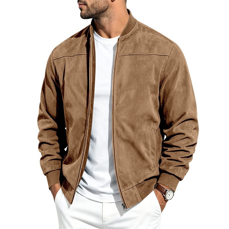 Suede Long Sleeve Zip Up Jacket Men's Casual Outerwear With Full Zip Closure – Camel