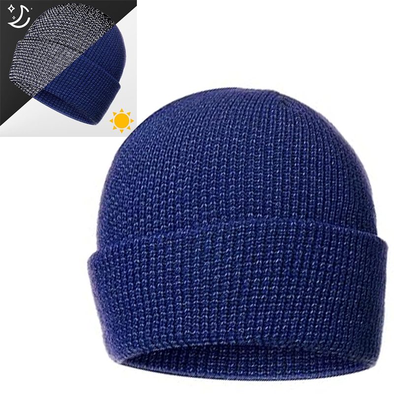 Winter Windproof Hat Knitted Reflective Beanie Hat Thick Warm Cap – Dark Blue