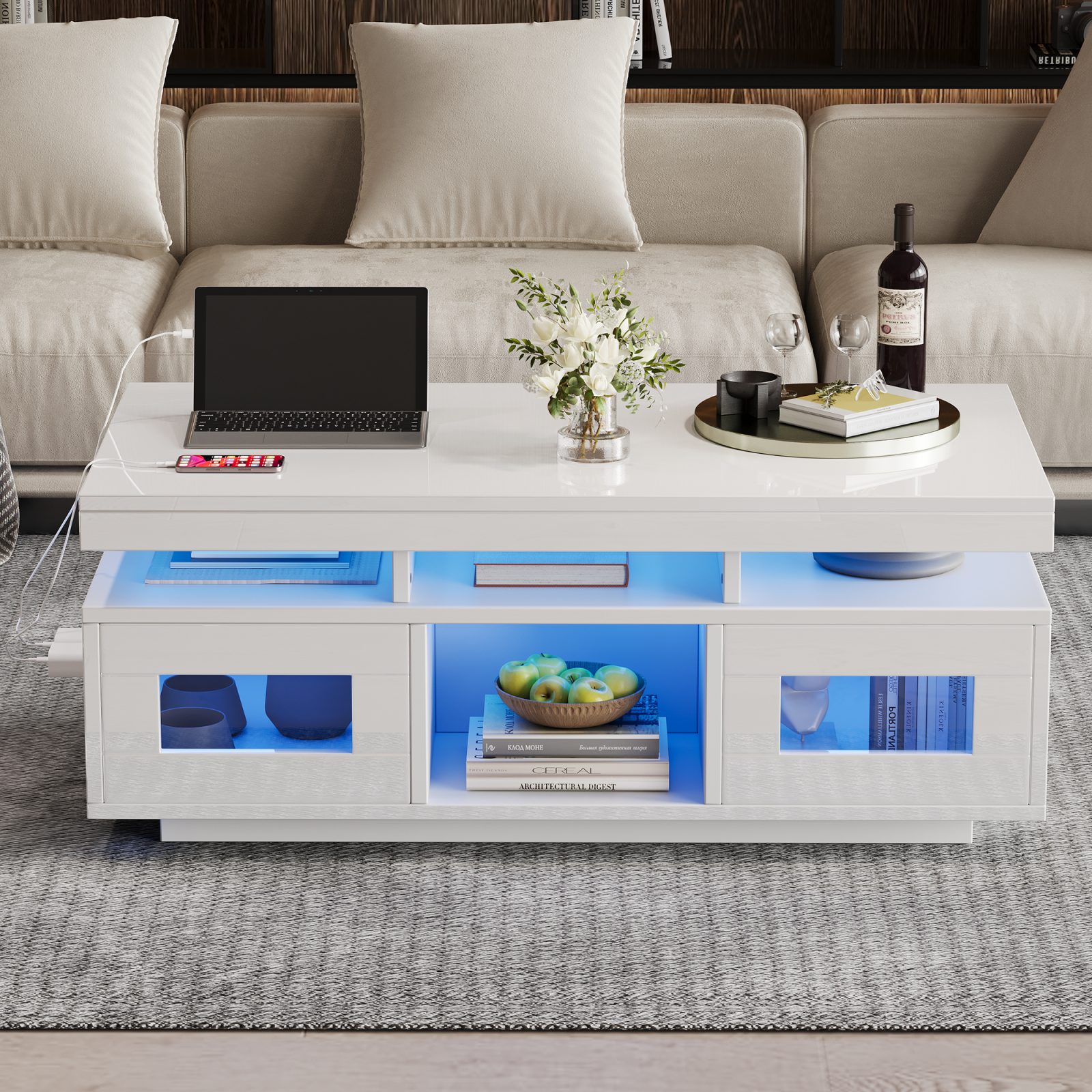 High Gloss Coffee Table With LED Lights, USB Ports-Sockets, Centre Table With 2 Doors, Sofa Side Table, Space-saving End Table, Tea Table, 100x50x43cm, White, Particleboard – view 3