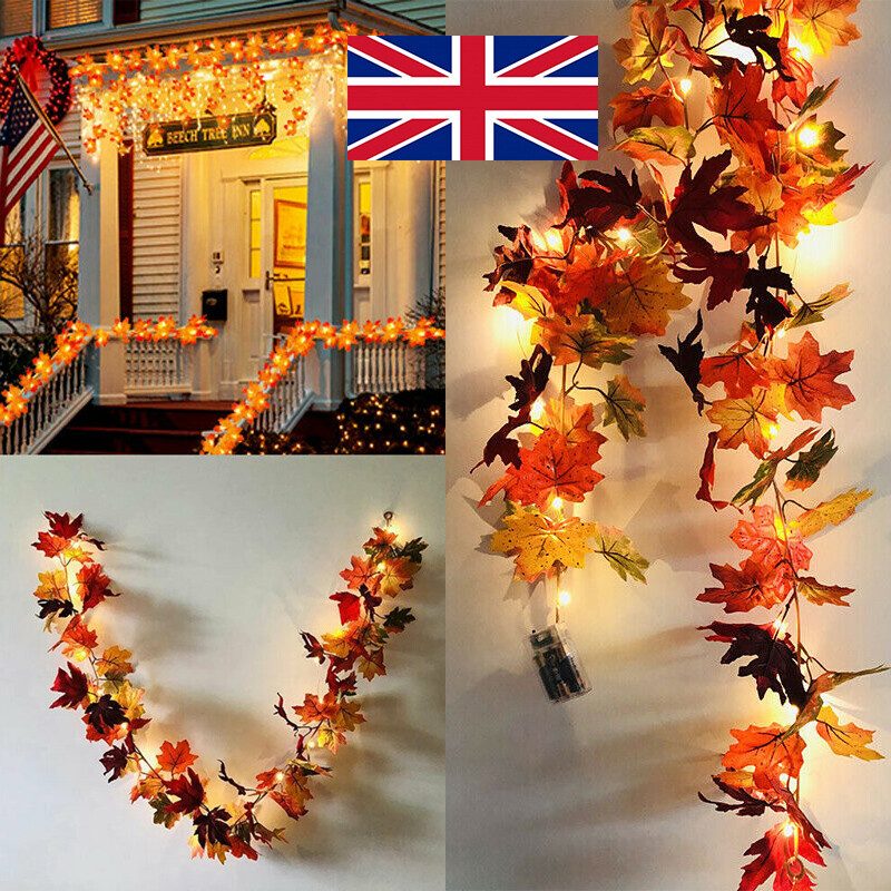 Autumn Fall Maple Leaves LED Lights Garland Hanging Plant Halloween Home Decor – 1pcs