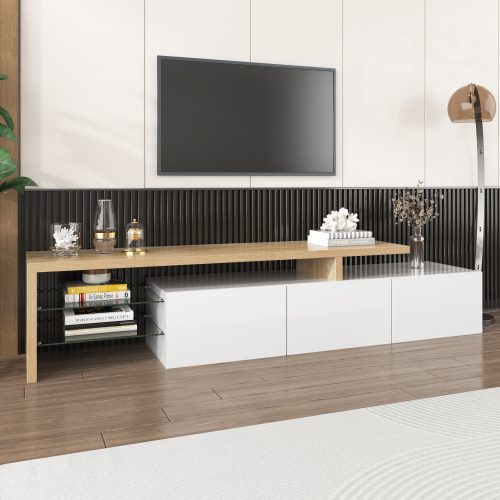 Modern TV Cabinet Design Stylish And Elegant, Practical Storage, High-gloss White, Wooden Look, Glass Shelves, LED Lighting – view 2