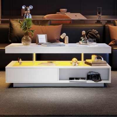 Led Coffee Table With 2 Drawer Storage, High Gloss Coffee Table For Living Room Open Storage Space Centre Table With 16-Color Led Lights,End Table For Home Office Furniture, White – view 3
