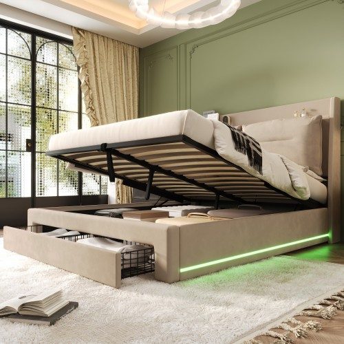 Upholstered Bed, 150x200 5ft King Size Bed, Hydraulic Bed, 2-in-1 Storage Drawers At The End Of The Bed, Recessed LED Light Strips On Both Sides Of The Bed, Slatted Frame, Velvet,Dark Gray – view 6