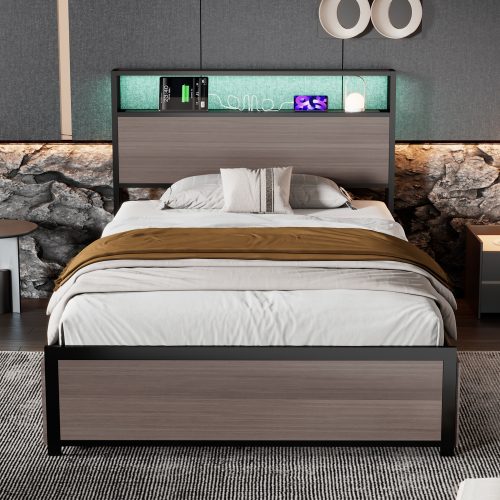 Metal Bed, 3FT Single Bed 90x190cm, With LED Light Strip And 4 Drawerss, 2 USB Port 1 Type C, Durable And Sturdy, Youth Bed, For Adults Teenagers, Multifunctional Bed, Wrought Iron Bed, Grey – view 7