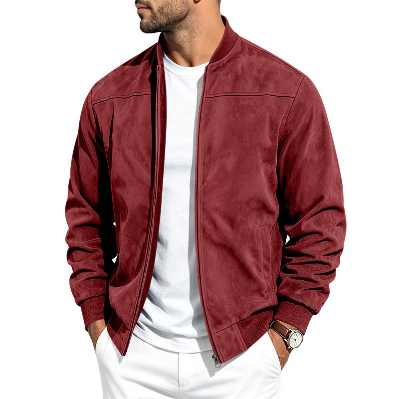 Suede Long Sleeve Zip Up Jacket Men's Casual Outerwear With Full Zip Closure – Red