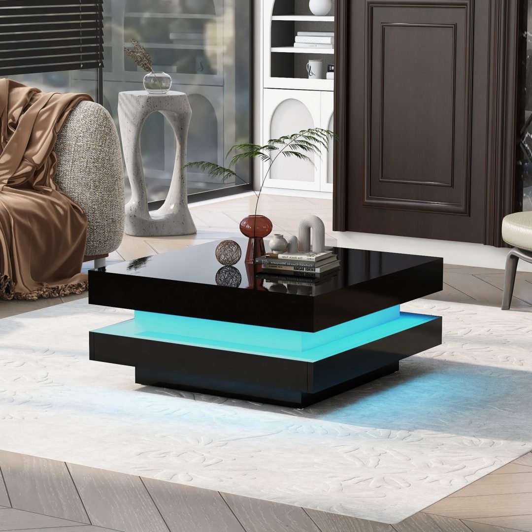 White Square High Gloss Coffee Table With 360 Rotating Top, Tea Table With 16-Color LED Light, 70x70x36 Cm – view 14