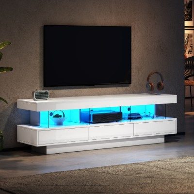 TV Stand Cabinet High Gloss TV Stand Unit With LED Lights 160CM, 3 Drawers, 3 Open Storage Space, For Bedroom Living Room Home Furniture – White