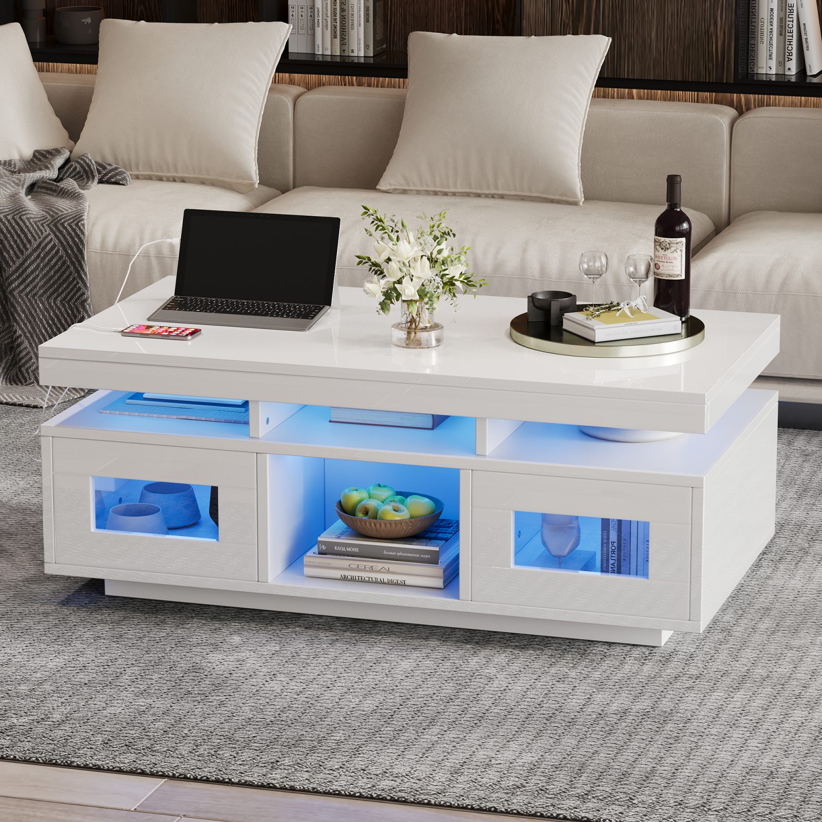 High Gloss Coffee Table With LED Lights, USB Ports-Sockets, Centre Table With 2 Doors, Sofa Side Table, Space-saving End Table, Tea Table, 100x50x43cm, White, Particleboard – view 2