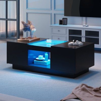 LED Coffee Table For Living Room, Modern Coffee Table With Storage With LED Lights, 2 Tiers And 2 Drawers, Large Living Room Center Tables Black – Black