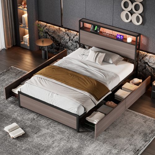 Metal Bed, 3FT Single Bed 90x190cm, With LED Light Strip And 4 Drawerss, 2 USB Port 1 Type C, Durable And Sturdy, Youth Bed, For Adults Teenagers, Multifunctional Bed, Wrought Iron Bed, Grey – Gray