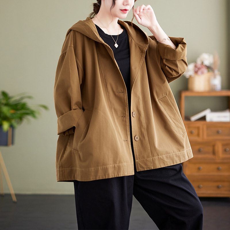 Hooded Loose Coat Women Retro Khaki Casual Cotton Artistic Stitching Women – view 7