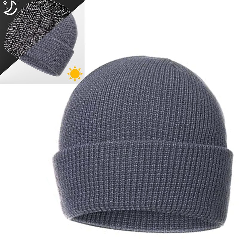 Winter Windproof Hat Knitted Reflective Beanie Hat Thick Warm Cap – Grey