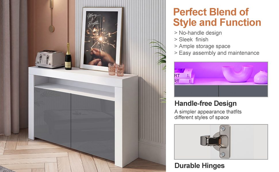 High Gloss Sideboard Cabinet 2 Doors Cupboard Storage Sideboard With LED Lights Matt Body Display Cabinet Shelves Unit For Living Room Dining Room,12 Colors LED Light-White Sideboard Gray Door – view 4