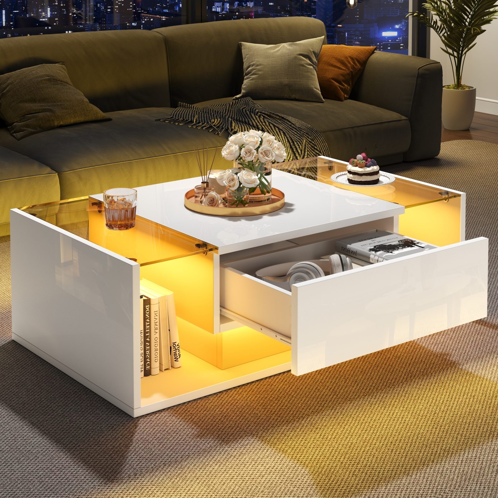 High Gloss Coffee Table With Open Storage, 1 Drawer, LED Lights, Centre Table With Glass Tabletop, Sofa Side Table, Coffee End Table For Living Room, Office, 100x50x31cm, White – view 2