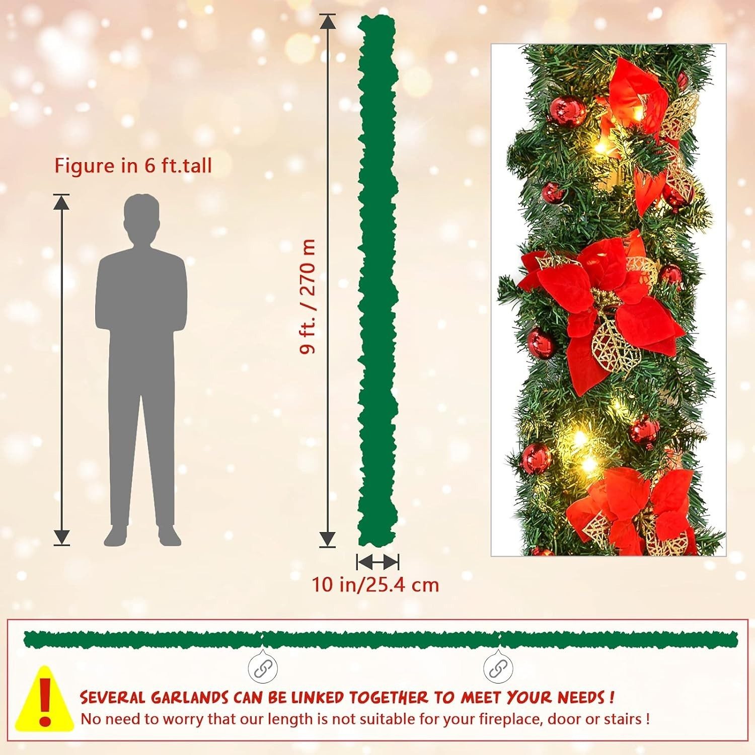 9FT Christmas Garland Decorations Fireplace Stair Artificial Wreath Bushy Pine – view 3