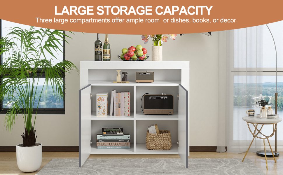 High Gloss Sideboard Cabinet 2 Doors Cupboard Storage Sideboard With LED Lights Matt Body Display Cabinet Shelves Unit For Living Room Dining Room,12 Colors LED Light-White Sideboard Gray Door – view 6