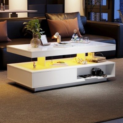 Led Coffee Table With 2 Drawer Storage, High Gloss Coffee Table For Living Room Open Storage Space Centre Table With 16-Color Led Lights,End Table For Home Office Furniture, White – White