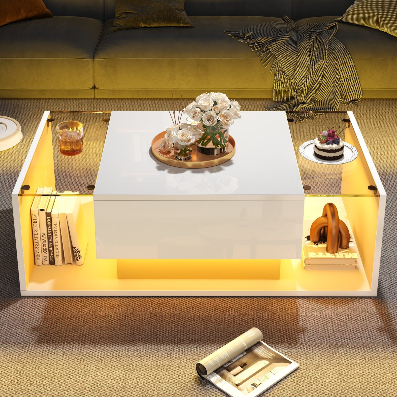 High Gloss Coffee Table With Open Storage, 1 Drawer, LED Lights, Centre Table With Glass Tabletop, Sofa Side Table, Coffee End Table For Living Room, Office, 100x50x31cm, White – White