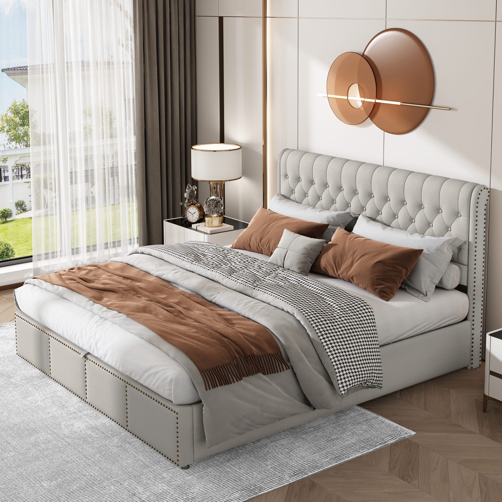 Upholstered Bed,Double Bed-4ft6 135x190cm,with Upholstered Bench 135 X 41 X 42 Cm, With Hydraulic Lever, Functional Storage Bed, Rivet Decoration, Linen, Light Grey – view 2