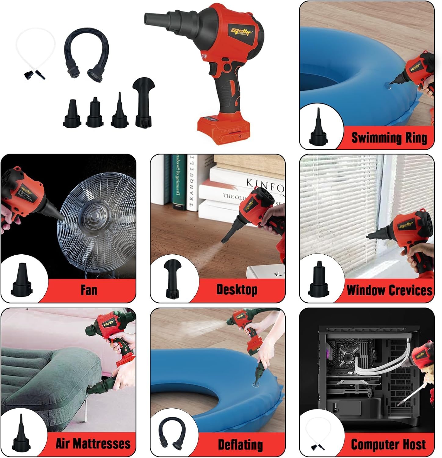 High Volume Compressed Air Duster Compatible With Milwaukee 18V Battery- 3 Speeds, 50000RPM Brushless Motor, LED Light, 7 Multi-Use Accessories, Ideal For PC Keyboard, Pool Toy Tool Only – Dustermwq