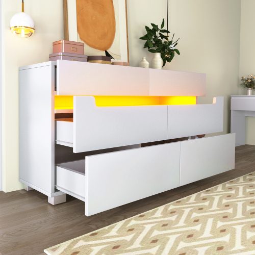 Sideboard Cabinet Dresser With 6 Drawers,Storage With RGB LED App Control, Sideboard With Cut-out Handles, 6-drawers Chest Of Drawers, 71 X 120 X 40 Cm, White – White