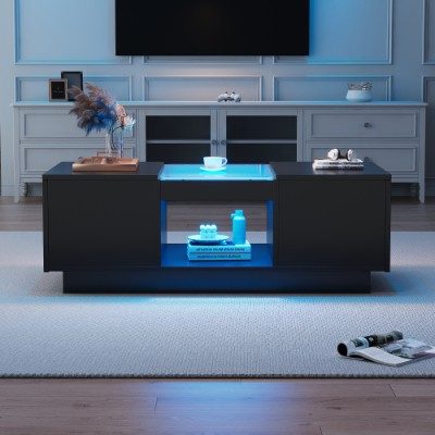 LED Coffee Table For Living Room, Modern Coffee Table With Storage With LED Lights, 2 Tiers And 2 Drawers, Large Living Room Center Tables Black – view 3