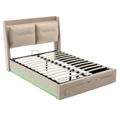 Upholstered Bed, 150x200 5ft King Size Bed, Hydraulic Bed, 2-in-1 Storage Drawers At The End Of The Bed, Recessed LED Light Strips On Both Sides Of The Bed, Slatted Frame, Velvet,Dark Gray – Dark Gray
