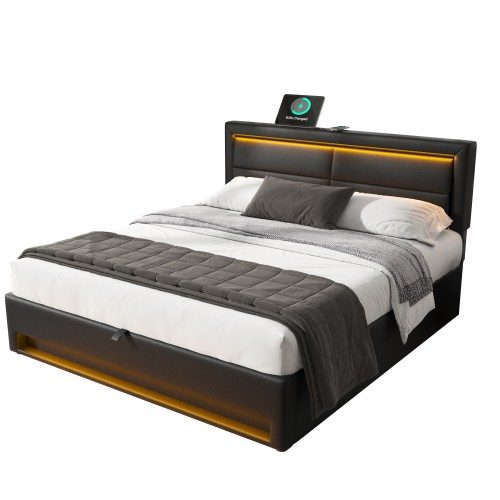 Upholstered Bed 135 X 190 Cm,Double Bed-4ft6,with USB Port Supports Wireless And Wired Charging, With LED Lighting And Storage Space, Without Mattress, PU-Lychee Design, Black – view 3