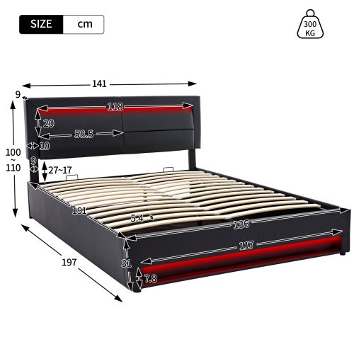 Upholstered Bed 135 X 190 Cm,Double Bed-4ft6,with USB Port Supports Wireless And Wired Charging, With LED Lighting And Storage Space, Without Mattress, PU-Lychee Design, Black – view 9