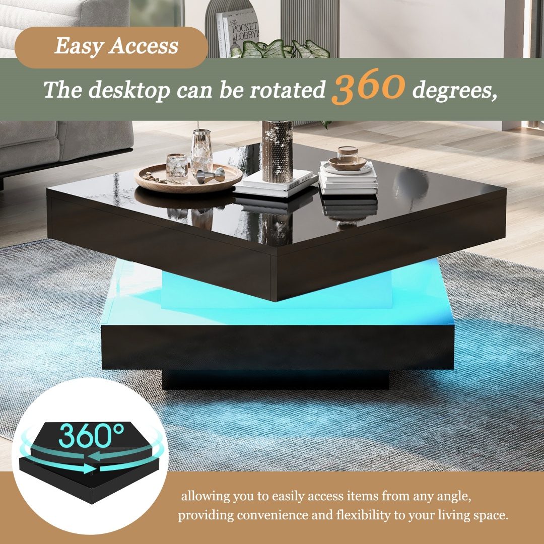 White Square High Gloss Coffee Table With 360 Rotating Top, Tea Table With 16-Color LED Light, 70x70x36 Cm – view 9
