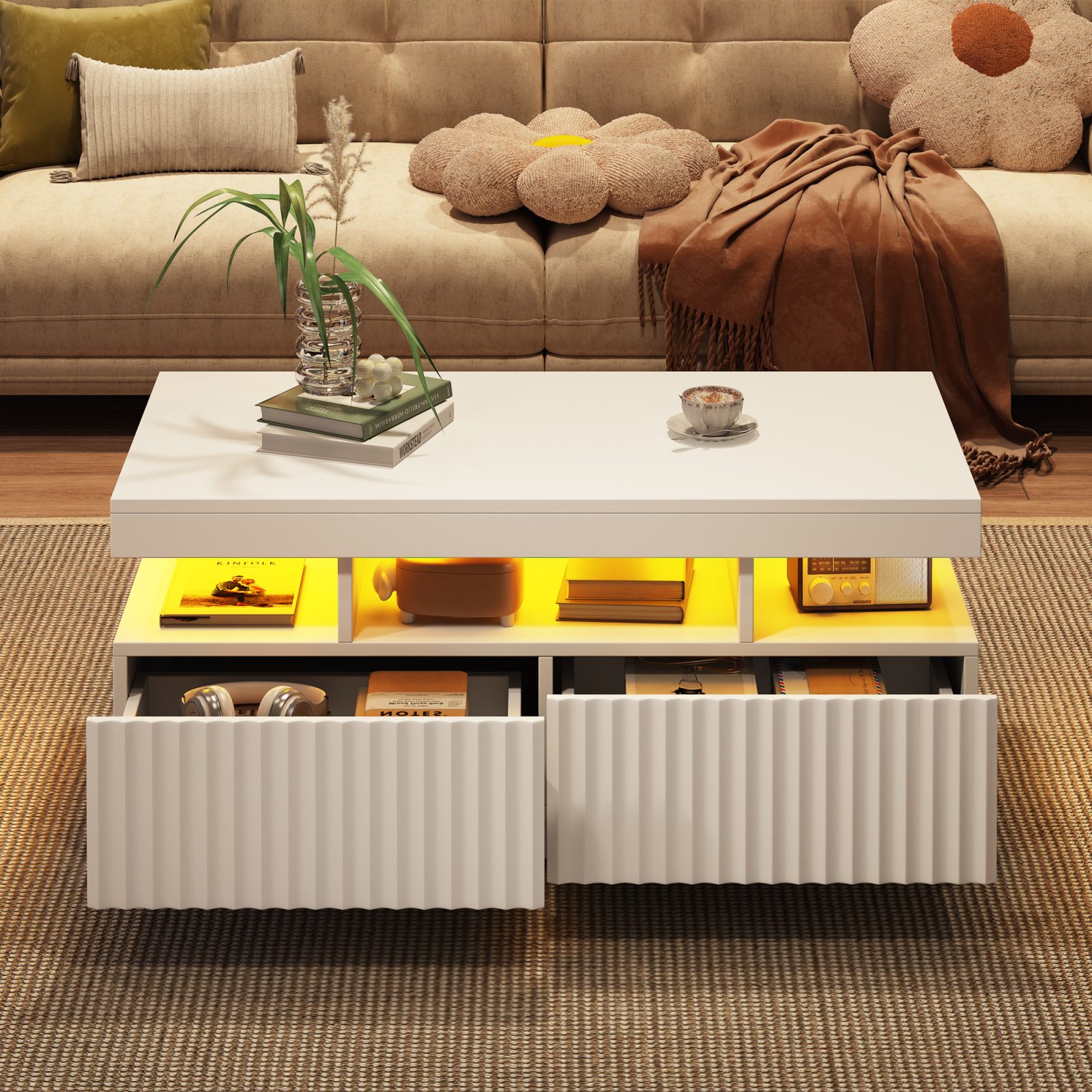 Coffee Table With LED Lights, 2drawers, Ribbed Decorative Centre Table, Sofa Side Table, Rectangle Coffee End Table For Living Room, Office, 100x50x45cm, White, Particleboard – view 2