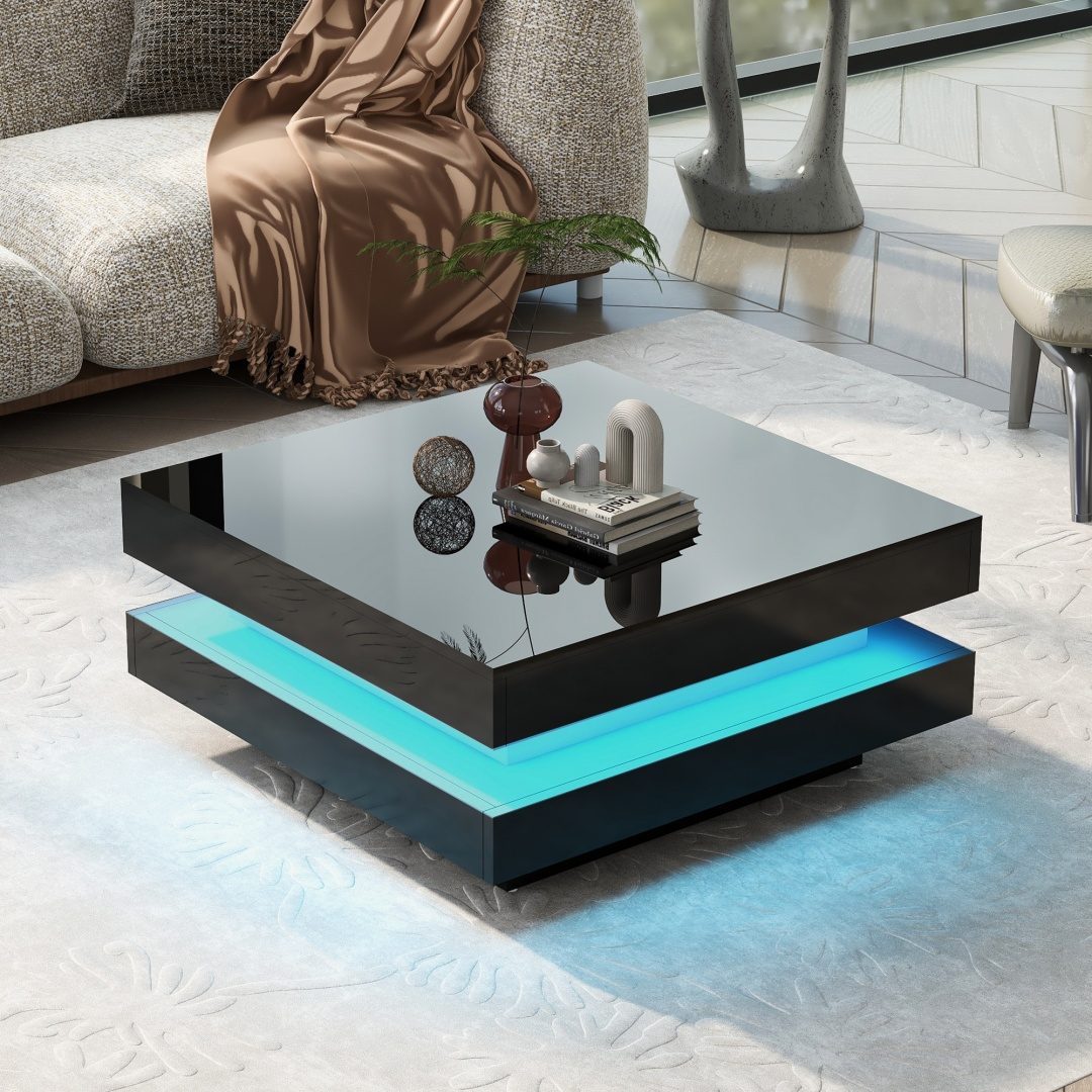 White Square High Gloss Coffee Table With 360 Rotating Top, Tea Table With 16-Color LED Light, 70x70x36 Cm – view 6