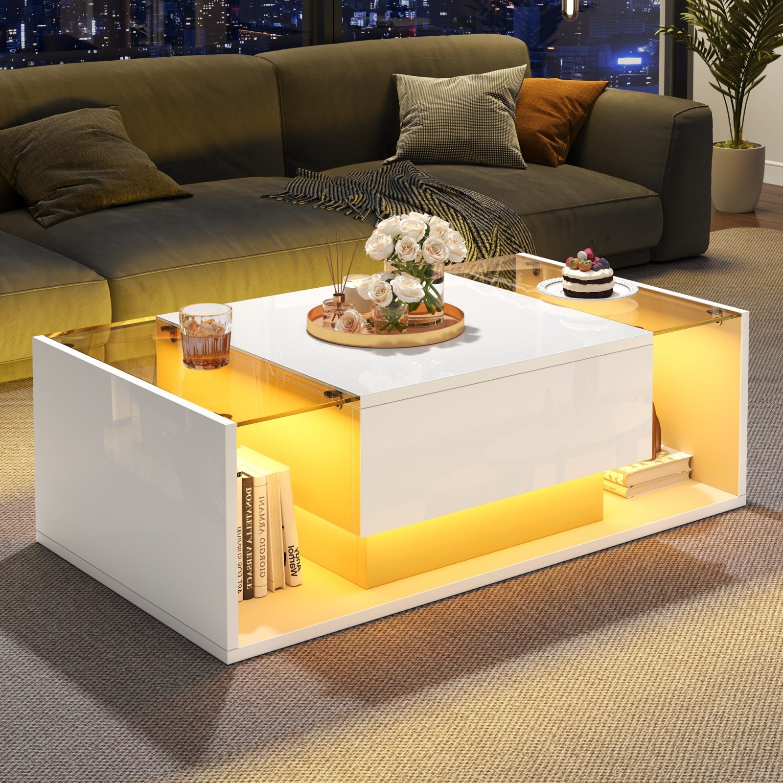 High Gloss Coffee Table With Open Storage, 1 Drawer, LED Lights, Centre Table With Glass Tabletop, Sofa Side Table, Coffee End Table For Living Room, Office, 100x50x31cm, White – view 3