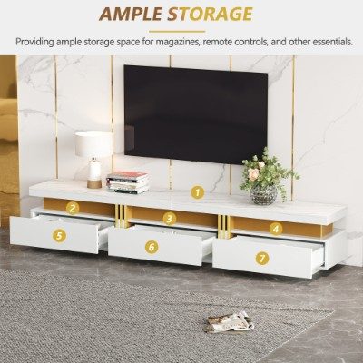 Luxury TV Stand With Faux Marble Top, TV Cabinet Golden Panel Design, And 3 Drawers For Televisions Up To 89'', Rectangle Media Console, Practical Entertainment Center For Living Room, White – view 6