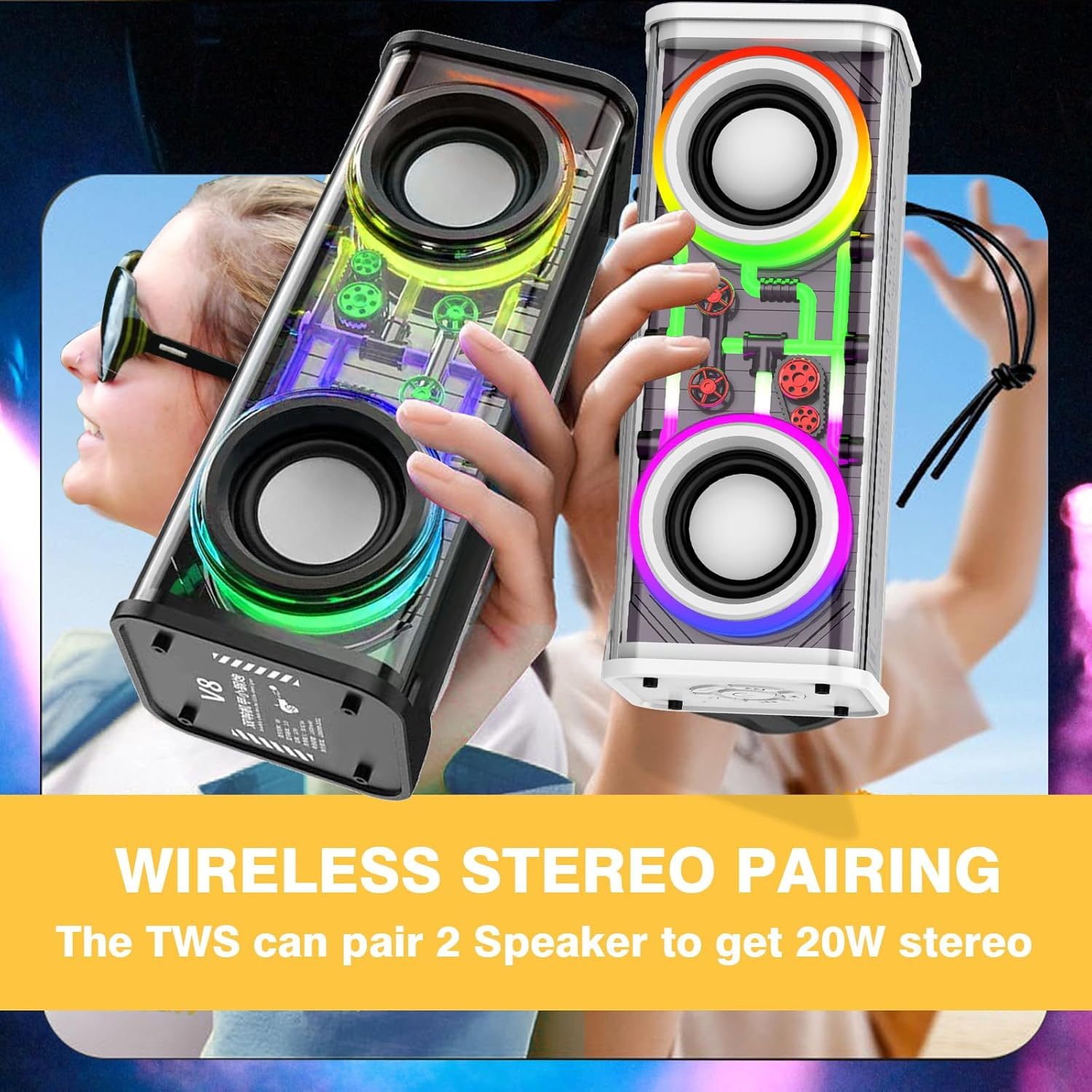 Portable Bluetooth Speaker With LED Lights&Transparent Casing, Bluetooth 5.3 Wireless Outdoor Speakers Support TWS PairingTF Card, 10W Stereo Sound, Electronics For Home, Outdoors, Travel Black – view 5