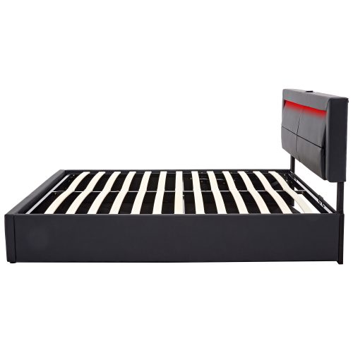 Upholstered Bed 135 X 190 Cm,Double Bed-4ft6,with USB Port Supports Wireless And Wired Charging, With LED Lighting And Storage Space, Without Mattress, PU-Lychee Design, Black – view 10