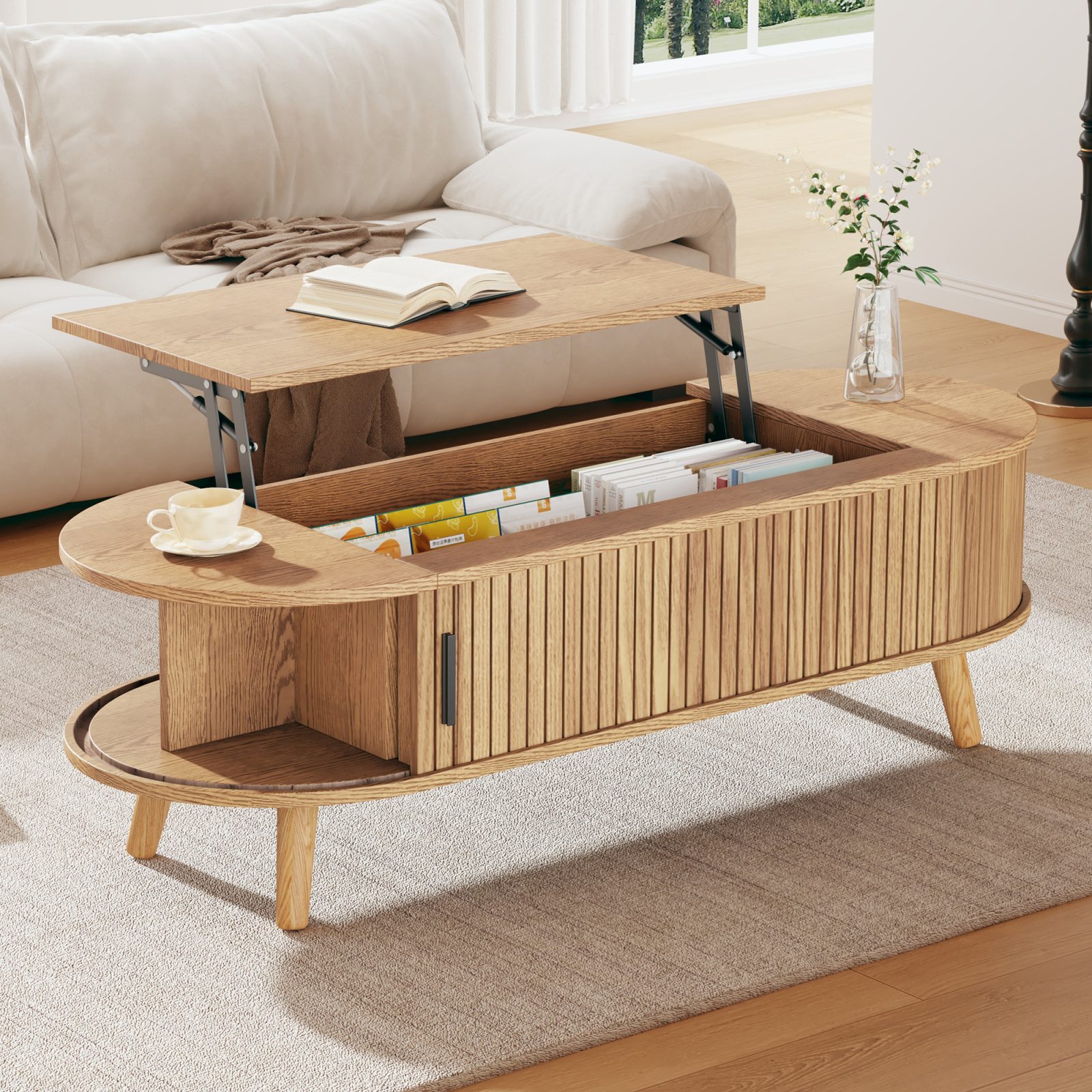 Lift Up Oval Coffee Table With Hidden Storage, Centre Table, Lifting Sofa Side Table, Space-saving End Table For Living Room Bedroom, Reception, Tea Table, 120 X 50 X 39.5cm, Natural Wood – Wood